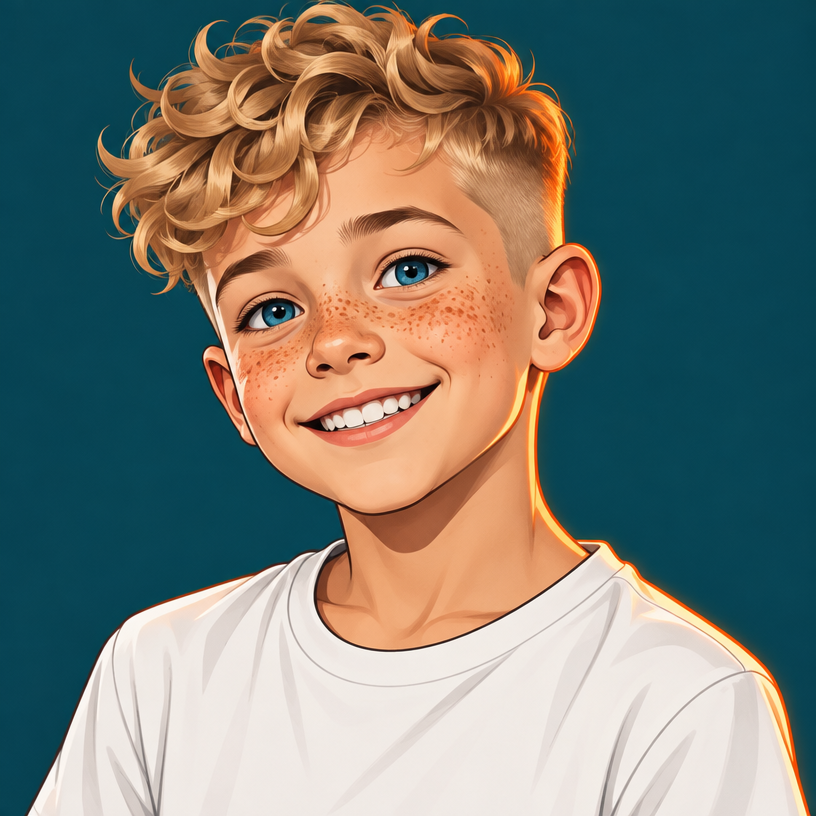Illustrated avatar of Dawson: curly sandy blonde hair, shaved sides, sunglasses, freckles